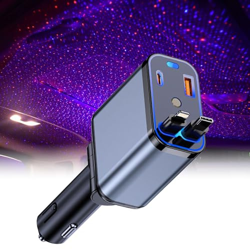 Chargeur de voiture rétractable 4 en 1, 120 W, ciel étoilé, chargeur de voiture 4 en 1, projecteur de voiture, chargeur de téléphone portable, allume-cigare USB C avec câbles de 80 cm