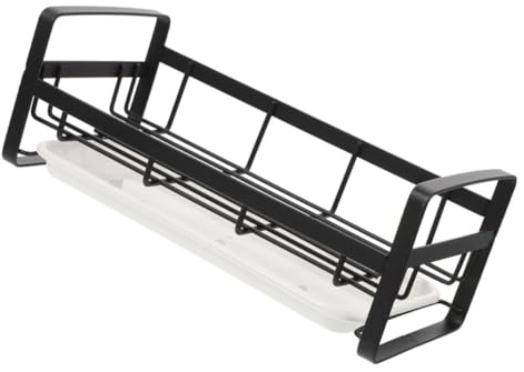 GRIRIW Soporte Esponja Fregadero de Acero Inoxidable Escurridor para Bayetas y Utensilios de Cocina Organizador de Esponjas con Bandeja Antigoteo Negro Alargado Resistente y Estable para