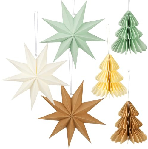 DPKOW 6 STK Weihnachtsstern Weihnachtsbaum, Weihnachtsdeko, 30cm Papiersterne zum Aufhängen, 20cm Papier Weihnachtsbaum Skandinavische Deko, Christbaumschmuck Papier Faltsterne Weihnachten Waben Deko