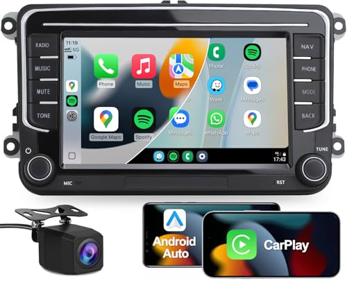 2 Din Car Stereo for VW Golf Passat Seat Touran Skoda, CarPlay Android Auto | 7 Bluetooth Radio with Hands-free Calling, SWC, DAB+, EQ, Voice Control, Mirror Link, GPS Navigation, FM, Reversing Camera