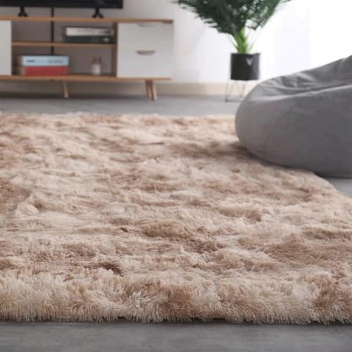 Tappeto lavabile in lana per soggiorno, camera da letto e camera dei bambini, morbido pelo lungo, antiscivolo, design moderno, cachi, 100 x 120 cm