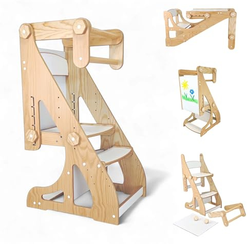 Torre Montessori 4 en 1 para niños – Torre de Aprendizaje, Mesa con Silla, Pizarra Infantil y Silla Evolutiva Ajustable – Madera Segura, 2 a 9 años (Pino)