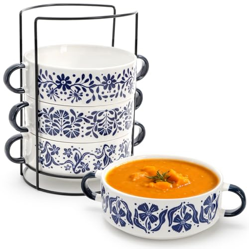 SOUJOY 5 Pack Ceramic Soup Bowls With Handles, 20 OZ French Onion Soup Crocks with Metal Organizer Rack, Oven Microwave & Dishwasher Safe Stackable Serving Bowl Set for Cereal, Beef Stew, Pasta, Chili