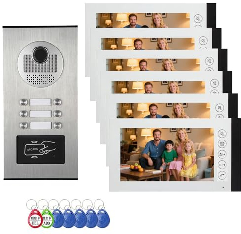 ANJIELO SMART Wired Video Apartment Intercom System,2/3/4/6/8/10/12 Family Units 7 inch Monitor Video Door Phone Kit,Indoor Outdoor Video Doorbell, ID Card Unlock, 2 Way Audio for Home (For 6 family)