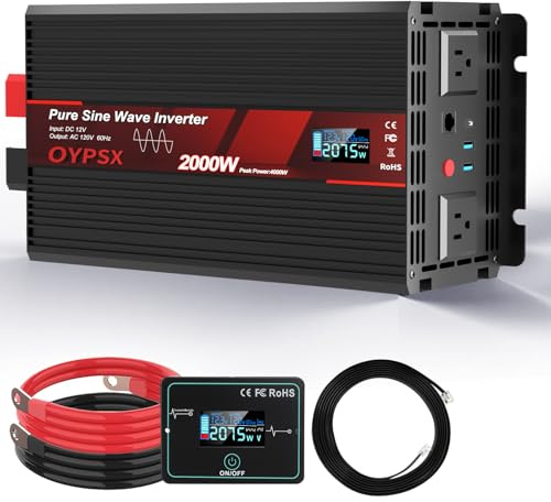 OYPSX 2000W Power Inverter 12V to 110V 120V AC Pure Sine Wave Inverter for RV Truck Camping,Outdoor Off-Grid Power Converter with LCD Display,Wired Controller,AC Outlets USB Port(12V-2000Watt)