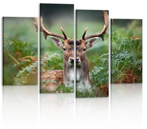 4 Panel Canvas Wall Art Painting Close up Fallow deer fern Modern Print Stretched Framed Artwork Poster for Living Room Bedroom Office Wall Decor 48x32 in