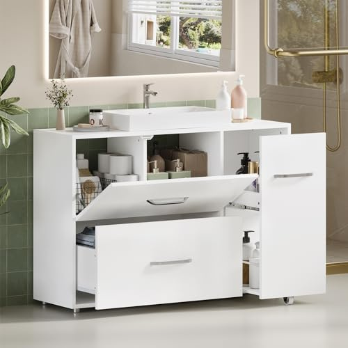 KIMENICH Waschbeckenunterschrank, Badezimmerschrank mit Schublade, Klappfach, Seitlicher Schrank, Unterschrank Waschbecken mit Füßen, Viel Stauraum, 90 x 30 x 64 cm, Weiß