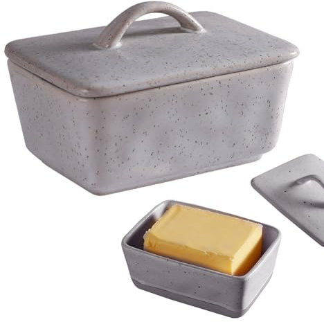 Mantequera de cerámica con tapa de 350 ml, caja de mantequilla de porcelana vintage, pequeña mantequera con tapa y asa, para frigorífico y mesa de comedor, para todo tipo de mantequilla común (sésamo