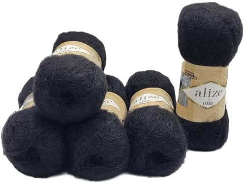 5 x 100 Gramm Ilkadim Export Strickwolle 3 Season, 500 Gramm Strickgarn einfarbig mit 25% Mohair und 24% Wolle. (schwarz 60)