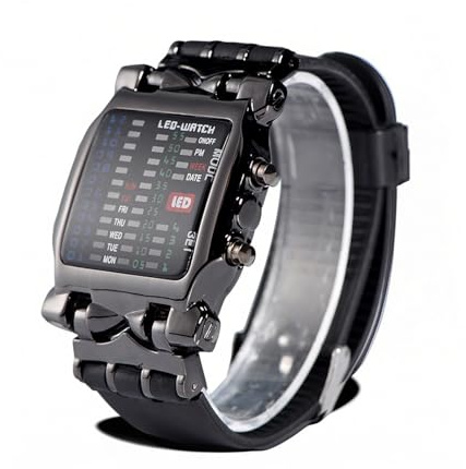 Zentavi LED Binary Display Watch for Men, Date Week Functions Electronic Wristwatch, Accurate Timekeeping Unique Design Watches for Him (Black)
