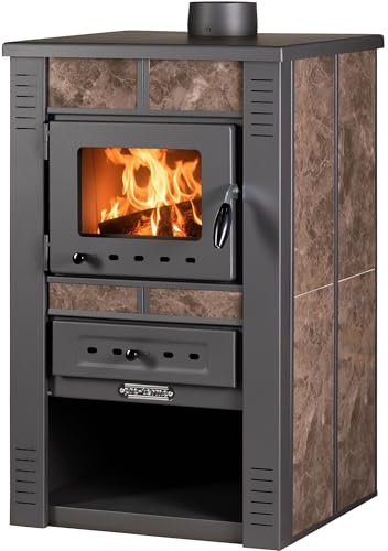 ProTermo Alpina Keramik 2 Kaminofen 8 kW, Holzofen mit Keramikverkleidung, Schamottstein, BImSchV Stufe 2, Bauart 1, Rauchrohr Ø 120 mm Oben, Sichtfenster (Mokka)