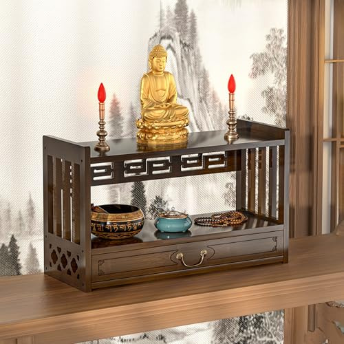 Mesa de altar de bambú de 2 niveles con cajón para meditación y rituales