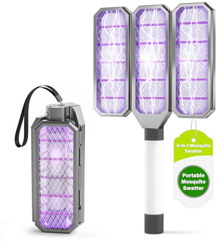 2 in1 Lampe Anti Moustique, Rechargeable par USB Pliable Portable Raquette Anti Mouche,Lampe Anti-moustiques de Bureau Suspendu Convient à Une Utilisation intérieure et extérieure (Gray)