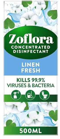 Zoflora Concentrated Multipurpose Disinfectant, Linen Fresh, 500ml | Antibacterial surface cleaning solution, kills 99.9% of germs and viruses, easy-to-use dilutable liquid, pet safe