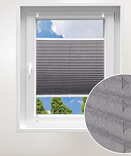 Laneetal Plissee ohne Bohren Klemmfix, Jalousie Faltrollo Crushed Optik, Grau 70 x 100 cm, mit Spannschue für Fenster und Tür, Easyfix klemmträger und verspannt, Sonnen-, Sicht- & Schallschutz