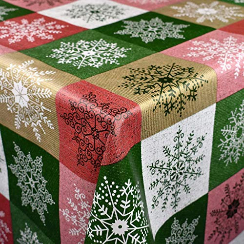 KEVKUS Wachstuch Tischdecke Meterware 01355-05 Weihnachten Schneeflocken kariert grün rot Gold wählbar in eckig rund oval (Rand: Borte (gehäkelte Bordüre), 140 x 280 cm oval)