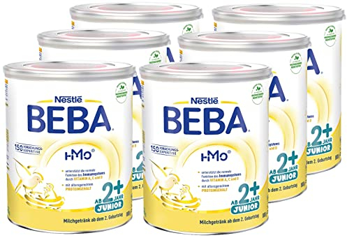 BEBA Junior 2+ Milchgetränk ab dem 2. Geburtstag, Mit HMO, Altersgerecht angepasster Proteingehalt, Nur Laktose, Ohne Palmöl, Ohne Fischöl, Kleinkindnahrung, Baby-Milchpulver, 6er Pack (6 x 800g)