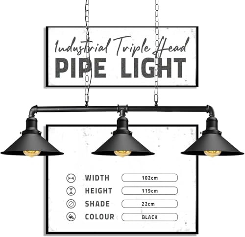 DC VOLTAGE Retro Style Pewter, Brass & Copper Metal 3 Way Bar Over Table Water Pipe Style Ceiling Light Fitting Vintage Industrial Suspended Pendant Lamp for Living Room (Black, Without Bulb)