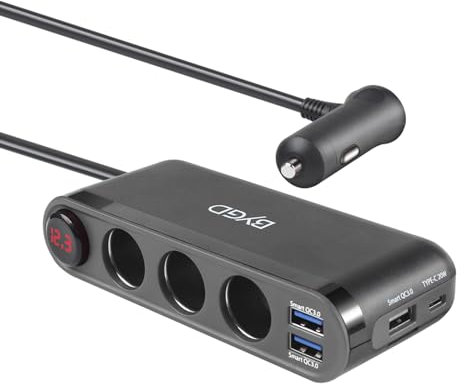 BYGD 12V/24V Adaptateur Allume Cigare - Chargeur de Voiture avec 3 Ports USB + Type C, Prises 18W QC 3.0 USB et 3 Sorties 12V et Affichage de la Tension à LED