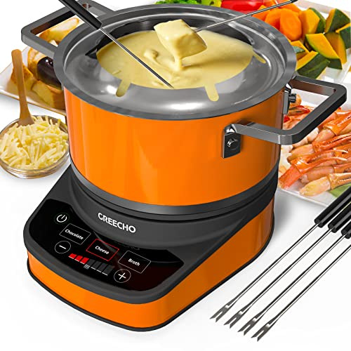 GREECHO Juego de olla eléctrica para fondue, olla eléctrica de acero inoxidable de 2.6 cuartos de galón con 3 modos preestablecidos (queso, chocolate y caldo), juego de ollas para fondue de 1200 W con