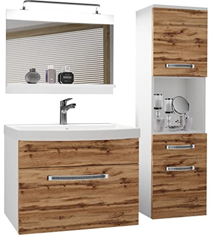 BELINI Meuble de Salle de Bain | Lavabo Inclus, Meuble sous-Vasque, Miroir et Cabinet Haut | Largeur: 100 cm | Kit d'éclairage Inclus | Couleur : chêne wotan