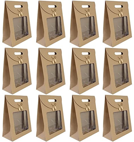 20 Stücke Braune Papiertüten, Geschenktüte mit Fenster, Papier Geschenktüten, Papiertüten mit Henkel, Geschenktüten mit Griffen, zum Verpacken von Süßigkeiten, Keksen, Snacks, 20 * 14 * 7 cm