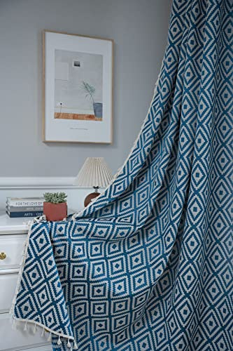 SASIGAYA Vorhänge Baumwolle Blau Gardinen 2er Set Boho Gardinenschals mit Quasten Bestickte Vorhang Gardinen 220 cm lang Blickdicht Geometrische Verdunkelungsvorhänge für Schlafzimmer Wohnzimmer