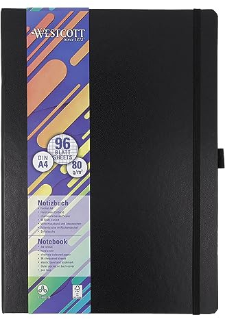 Westcott Notizbuch DIN A4 kariert | 192 Seiten im edlen Hardcover-Einband | 80 g/m² nachhaltiges FSC-Mix Papier | mit Innentasche, Lesezeichen, Gummizug und Stifthalter | E-1744829 00
