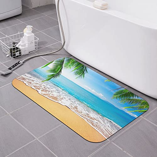 TOMPPY Ocean Sea Beach Palm Leaves bedruckte Badematte, schnell trocknend, saugfähig, Kieselgur Erde, Duschmatte, rutschfeste Gummi-Badezimmermatte für Küche, Badezimmer, Tür (39 x 60 cm)
