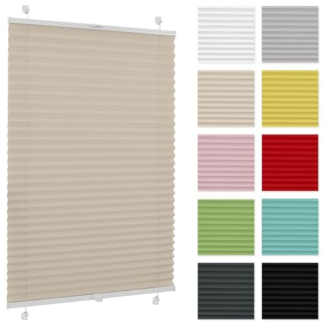 Plissee ohne Bohren 65 cm x 50 cm - Beige - Plissee klemmfix, Rollos für Fenster ohne Bohren, Jalousien Fenster für innen, Raffrollo, Fenster plissee