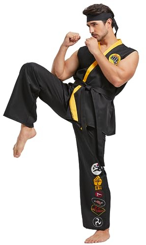 Takuvan Karate Costume for Men Deluxe Plus Size Halloween Karate Gi Uniform Set with Black Belt Headband Adult Unisex