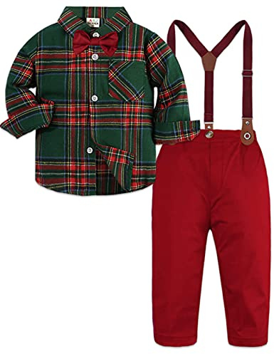 mintgreen Barn pojkar klänningar set 4 delar nyfödd jul bröllop gentlemanklänning skjorta rutig fluga byxor hängslen 1–5 år, Grön röd, 5-6 anni