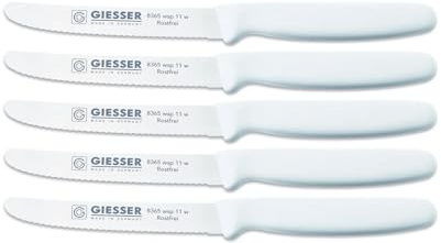 Giesser Messer Tomatenmesser Brötchenmesser Tafelmesser 11cm mit Wellenschliff 3mm - 5er Set (Weiß)