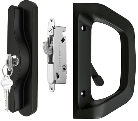 AIsecure Sliding Glass Door Handle Set with Key Cylinder and Mortise Lock, Patio Door Lock Replacement, Fits 3-15/16''Screw Hole Spacing, Black