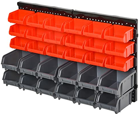 DURHAND Lagersystem Wandregal 37,5 x 63 cm, 30 stck. Stapelboxen Schüttenregal in 2 Größen, Sichtlagerkästen, Werkstattregal, Rot