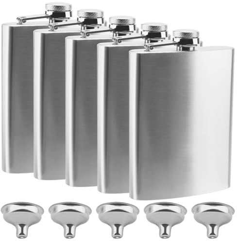 MOUYAT 5 Pack Hip Flask, 8oz Stainless Steel Hip Flasks for for Men, Leak Proof Portable Pocket Whiskey Flask with Funnels for Hiking, Climbing, Camping, Barbecue and Party