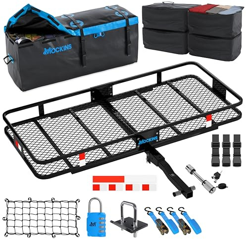 Mockins 60x20x6 Heavy Duty Trailer Hitch Cargo Carrier w/ 16 Cu Ft Waterproof Cargo Bag & 4 Packing Cubes | 500 Lbs. Capacity Folding Luggage Rack for SUV Car Truck & RV w/Hitch Basket Accessories