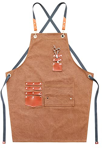 ECOLFE Schürzen für Männer, Arbeitsschürze, Segeltuchschürze, Werkstatt-Werkzeugschürze mit verstellbaren Trägern for Friseur, Küche, Gärtner, Café (Farbe: Grau, Größe: XL)(Color:Brown)
