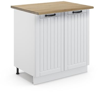 Vicco Küchenunterschrank Fame-Line, Weiß Landhaus/Weiß 80 cm | MDF-Front · AP Eiche inkl. · Höhenverstellbare Füße · Metallgriffe · Soft-Close
