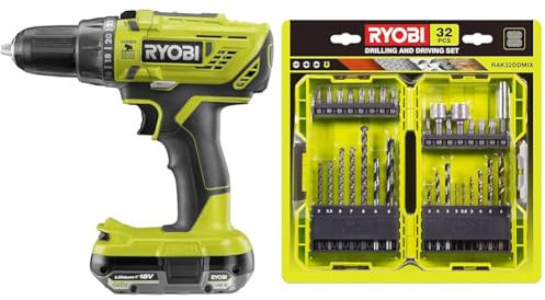 Ryobi - Perceuse-visseuse à percussion BRUSHLESS 18V - 2 vitesses - 50 Nm - 500-1 800 tr/min & Coffret Empilable 32 Accessoires Mixtes Perçage - Vissage - Boulonnage + 1 Porte-embout PH