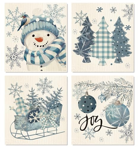 AnyDesign Christmas Swedish Dishcloth Blue Winter Snowman Snowflake Xmas Tree Dish Towel Reusable Cotton Kitchen Towel for Home Counter Cleaning, 7 x 8 Inch, 4Pcs