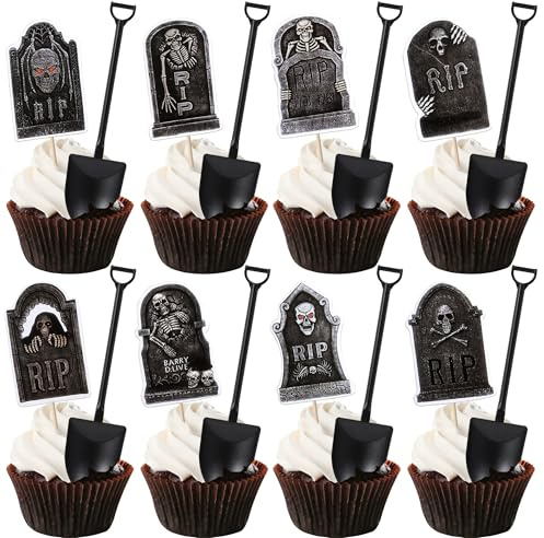 48 Stück Halloween Tortendeko Grabstein Kuchen Deko Neuheit Mini Schaufellöffel Schrecklicher Grabstein Skelett Cupcake Toppers für Halloween Thema Geburtstag Party Kuchen Dekorationen