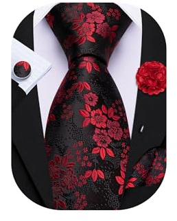 Barry.Wang Red Black Tie with Flower Lapel Pin for Men Floral Silk Necktie Pocket Square Cufflinks Set Formal Wedding Party Business