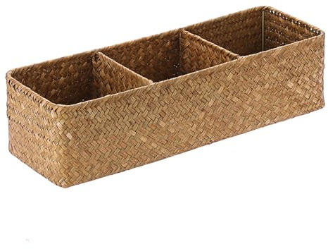 IGNPION 3-compartment Seagrass Storage Basket Woven Baskets Toilet Tank Top Basket Bathroom Storage Box Shelves Multipurpose Decorative Baskets, Caramels