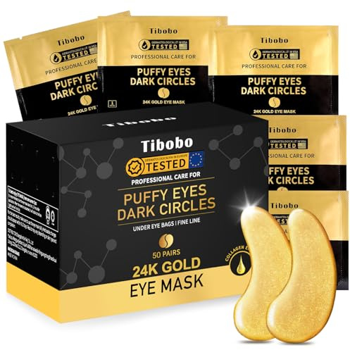 Tibobo 24K Gold Augenpads, 50 Paar Gel Eye Patches, Augenpads Gegen Augenringe Mit Hyaluron & Collagen, Anti Aging Under Eye Pads Gegen Tränensäcke, Falten Und Fältchen, Augen Pads Masken