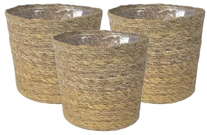Green Me Up Seegras Korb - Geflochtener Pflanzkorb aus Seegras mit Folieneinsatz - Boho Blumentopf für Zimmerpflanzen & Kräuter - 3er Set Ø 14 cm - passend für 10-12 cm Pflanztöpfe