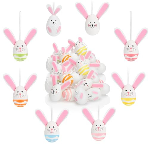 com-four® 36x Ostereier zum Aufhängen 8 cm - Osterdeko in Form eines Osterhasen - Deko Ostereier mit Hasenohren und Seidenband zum Aufhängen (Haseneier - 02)