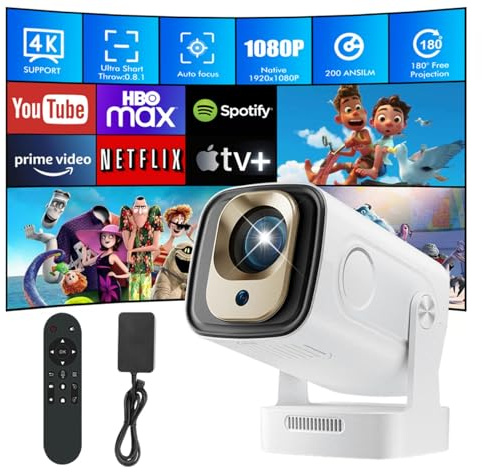 KEPEAK Portable Mini Projector, 4K 1080P WIFI6 Bluetooth 5.4 Android 11, 180° Rotatable/Auto Keystone, 130Screen Smart Projector, Video Projectors with USB/HDMI/DC Port (White)