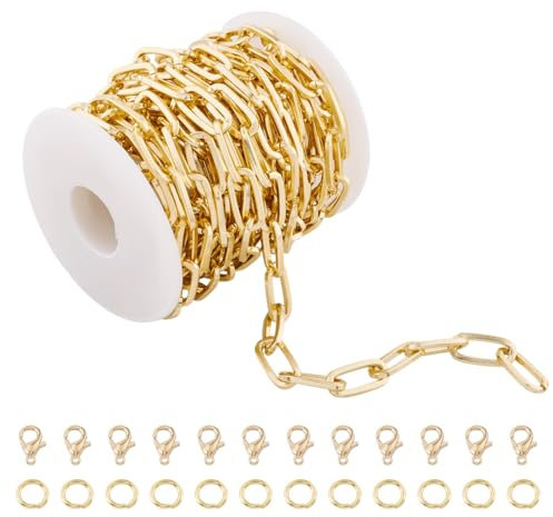 FASHEWELRY Catena a maglia barbazzale in metallo dorato da 5 m, 19 x 9 x 2 mm, con anellini aperti, chiusure a moschettone, per la creazione di collane, bracciali e gioielli fai da te