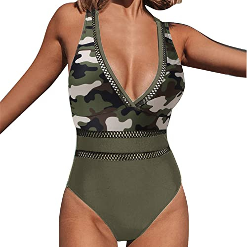 Maillot de Bain Femme 1 Pieces Natation Ensemble Femmes Solide Sangle Monokini Maillot de Bain Ouvert Camouflage Imprimé Licou Col en V Vintage Femme 1 Pieces Short (Camouflage,M)